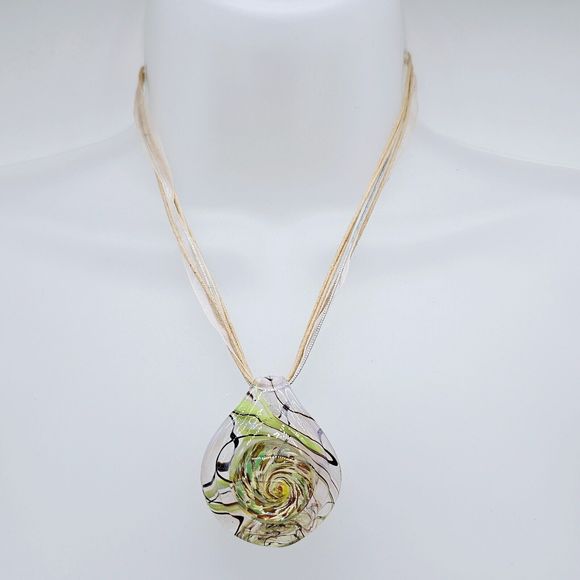 Art Glass Pendant Necklace Lamp Work Foil Swirl Green Copper Ribbon Cord Chain - Picture 6 of 10